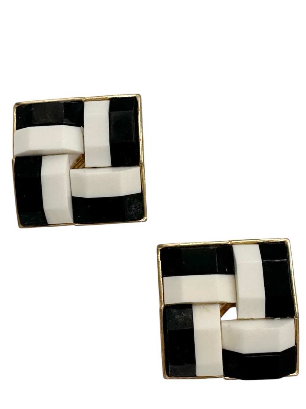 Crown Trifari Signed Vintage Black White Square Clip On Earrings